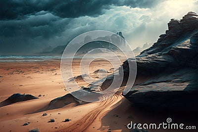 The desert meets the sea on a rainy day, AI Generative Cartoon Illustration