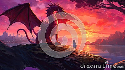Enchanting Encounter: Unveiling the Tale of a Brave Girl and a Majestic Dragon Stock Photo
