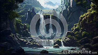 Fantasy Waterfall: A Stunning Spatial Concept Art With High-resolution Detail Stock Photo