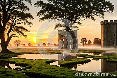 Twin Fortresses of Stone Blocks Rising in a Moss-Covered Misty, Swampy Landscape Adorned with Trees, Majestic Sunset. AI generated Stock Photo