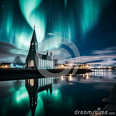 Breathtaking Beauty of Reykjavik: Hallgrimskirkja Church, Northern Lights, and Blue Lagoon Stock Photo