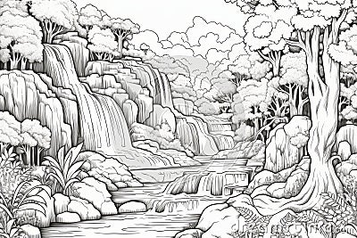 Breathtaking black and white waterfall drawing Stock Photo