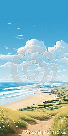 Breathtaking 2d Illustration Of Beautiful Bude Beach In Cornwall Cartoon Illustration