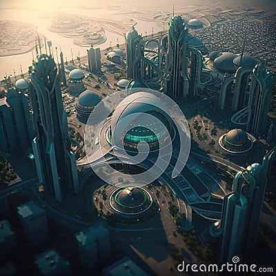 Futuristic City - Urban Utopia: Towering Skyscrapers and a Unique Round Central Hub Defying Traditional Boundaries Stock Photo