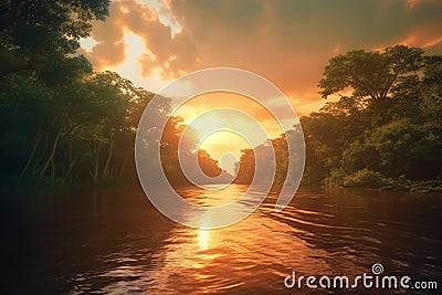 A breathtaking image showcasing a vibrant sunset casting warm hues over the Amazon rainforest, creating a serene and picturesque Stock Photo