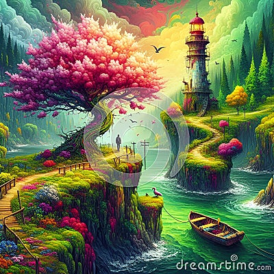 A breathtaking lush green landscape, with small blossoms tree, colorful lighthouse, boat, lake, fantasy art, wonderland, dreamlike Stock Photo