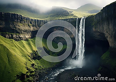 Breathtaking Majestic Cliffs With Waterfall Cascading Down in Stunning Detail Generative AI Illustration Stock Photo
