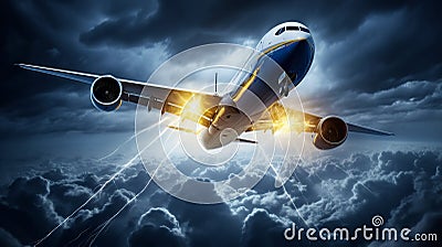 Dramatic Skies: Passenger Plane Struck by Lightning Amidst Storm Stock Photo