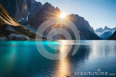 A breathtaking mountain lake, its intense blue color set against the backdrop of towering granite cliffs and a clear, sunny sky Stock Photo