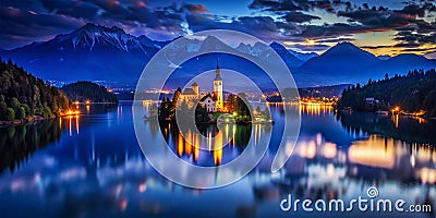 Bled, slovenia night panorama of lake, island, church, alps. AI generated Illustration Stock Photo