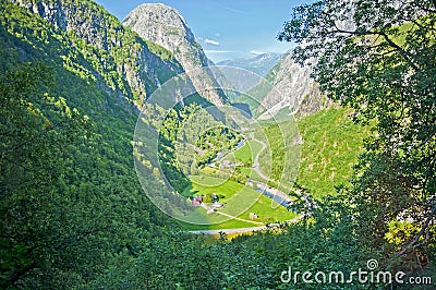 Breathtaking Norwegian landscapes on the Stalheimskleiva Road during a bus ride Gudvangen - Voss Stock Photo