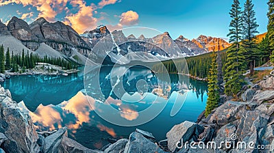 Breathtaking panorama of Moraine Lake in Banff National Park, showcasing the pristine beauty of the Canadian Rockies. Ai Generated Stock Photo