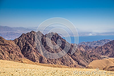 Breathtaking Panoramic view of Mount Salomon `Har Shelomo` Hebrew in Eilat Mountains and the Gulf of Aqaba Stock Photo