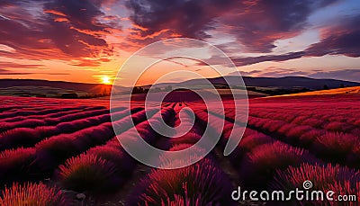 Breathtaking panoramic view of a stunning lavender field at sunset in a picturesque landscape Stock Photo