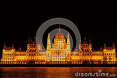 Nighttime Splendor - Orszaghaz Parliament Building Illuminated in Budapest Stock Photo