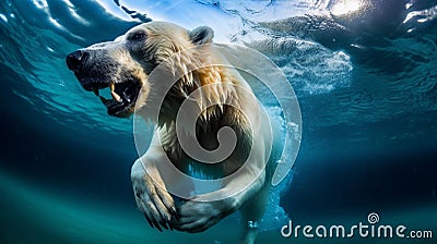 Polar Bear Swimming in Icy Waters at Sunset Stock Photo