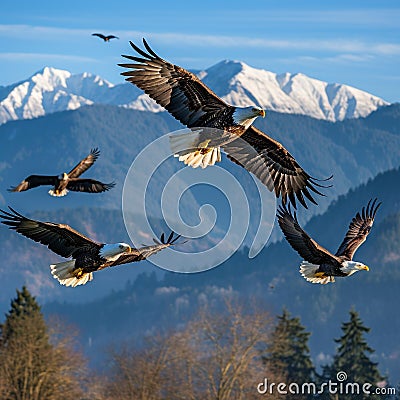 Majestic Bald Eagles Soaring in V-Formation against Clear Blue Sky Stock Photo