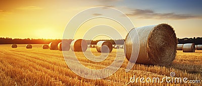 Sunset Over Field of Hay Bales Stock Photo