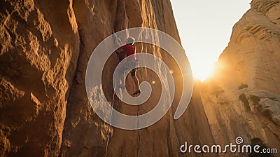 Rock Climber on rock ledge as sun rises Stock Photo