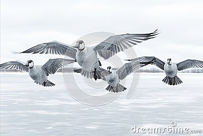 Breathtaking Scene. Enchanting Flight of Wild Geese Soaring Above Serene, Frozen Lake Stock Photo