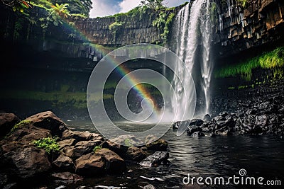 A breathtaking scene of a powerful waterfall with a vibrant rainbow arcing through its cascading waters, Waterfall in Kauai With Stock Photo