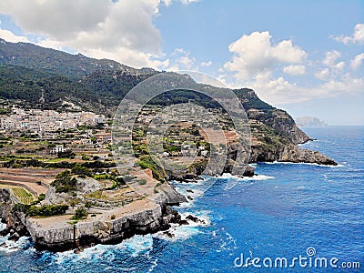 Breathtaking scenery landscape waterside aerial photo of Banyalbufar village distant view Stock Photo