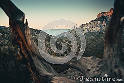 Breathtaking scenic landscape featuring a majestic mountain range seen through dead tree branches Stock Photo