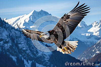 A breathtaking shot of a golden eagle soaring high above snow-capped peaks, its wings outstretched in majestic flight. Generative Stock Photo