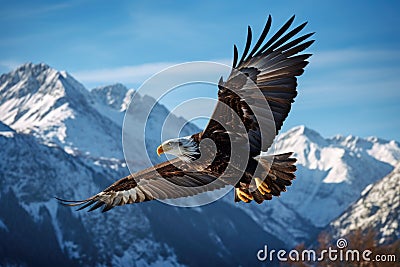 A breathtaking shot of a golden eagle soaring high above snow-capped peaks, its wings outstretched in majestic flight. Generative Stock Photo