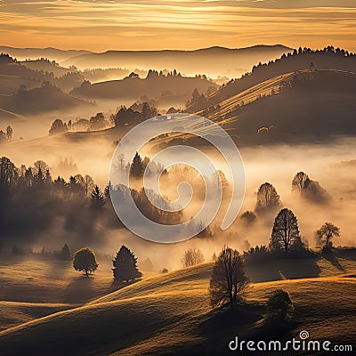 Breathtaking sunrise over misty valley Stock Photo