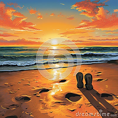 Breathtaking Sunset at the Beach with Unique Shoe Imprints Stock Photo