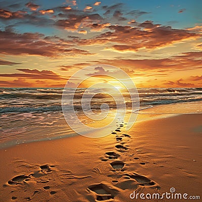 Breathtaking Sunset at the Beach with Unique Shoe Imprints Stock Photo