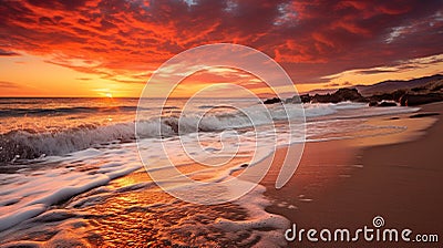 A breathtaking sunset over a serene beach, with the sky ablaze in warm hues and gentle waves washing ashore Stock Photo