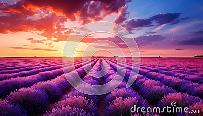 Breathtaking sunset over a stunning lavender field, creating a serene and idyllic landscape Stock Photo