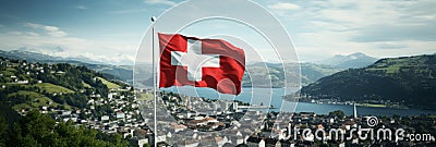 Breathtaking swiss mountain range with the iconic flag of switzerland proudly waving in the wind Stock Photo