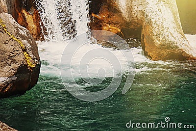 Breathtaking view of beautiful waterfall of the mountain river. Sapadere canyon, Turkey. Summer vacation, rest, wild nature Stock Photo