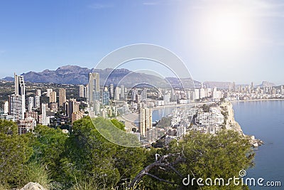 Breathtaking view of the coastline in Benidorm with high buildings, mountains and sea Stock Photo