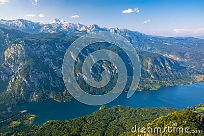 Breathtaking view of the famous Bohinj lake from Vogel mountain. Triglav national park, Julian Alps, Slovenia Stock Photo