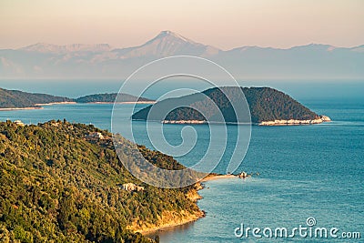 Breathtaking view from Glossa, Skopelos island towards the sea and small green islands Stock Photo