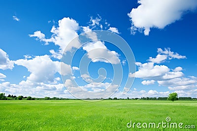 A breathtaking view of lush green fields under a serene blue sky on a perfect summer day Stock Photo