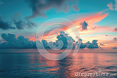 A breathtaking view of a magnificent sunset over the tranquil ocean, adorned with clouds, A gentle blend of sunset hues over a Stock Photo