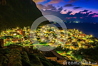 Breathtaking view of New Taipei City in the night, with the Yinyang Sea and Keelung Islet Stock Photo