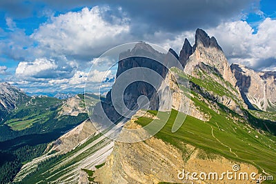 A breathtaking view of the Odle-Geisler Group in the Dolomites of South Tyrol, Italy Stock Photo