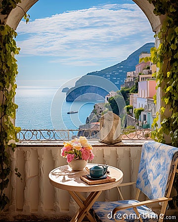 breathtaking view outside a Mediterranean house with open windows and a balcony. Stock Photo