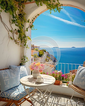 breathtaking view outside a Mediterranean house with open windows and a balcony. Stock Photo