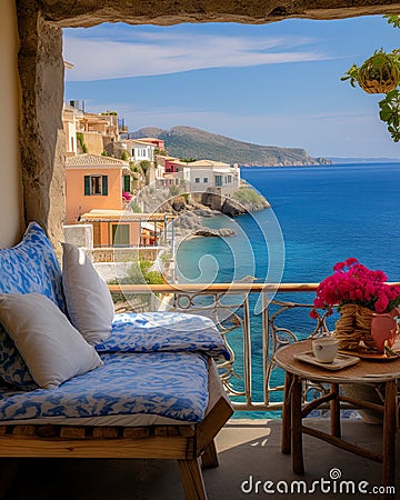 breathtaking view outside a Mediterranean house with open windows and a balcony. Stock Photo