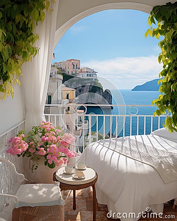 breathtaking view outside a Mediterranean house with open windows and a balcony. Stock Photo