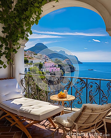 breathtaking view outside a Mediterranean house with open windows and a balcony. Stock Photo