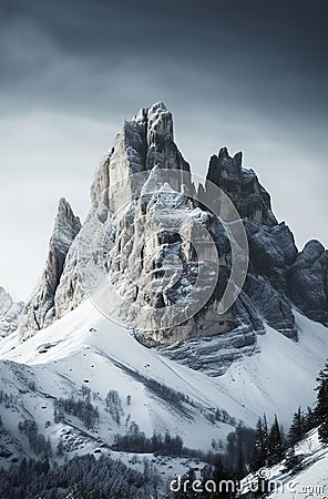 a breathtaking view of a snow-covered mountain peak against a cloudy sky, exuding a serene and tranquil atmosphere, ai generative Stock Photo