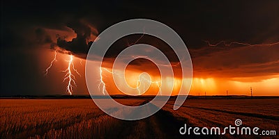 Breathtaking view of thunderstorm at sunset with bolts of lightning crackle through the air. AI generated. Stock Photo